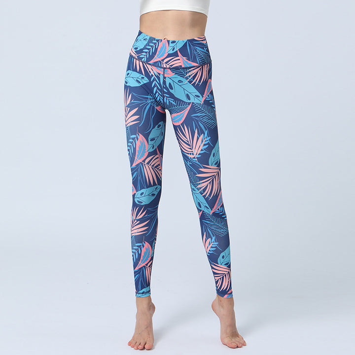 Buddha Stones Leaves Print Pants Sports Fitness Yoga High Waist Leggings Women's Yoga Pants - Blue Pink Leaves - US8-10，UK/AU12-14，EU40-42 (XL)  - image 15