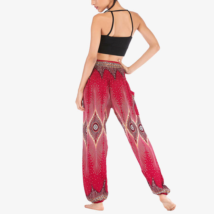 Buddha Stones Small Eye Peacock Feathers Pattern Loose Smocked Harem Trousers High Waist Women's Yoga Pants - image 3