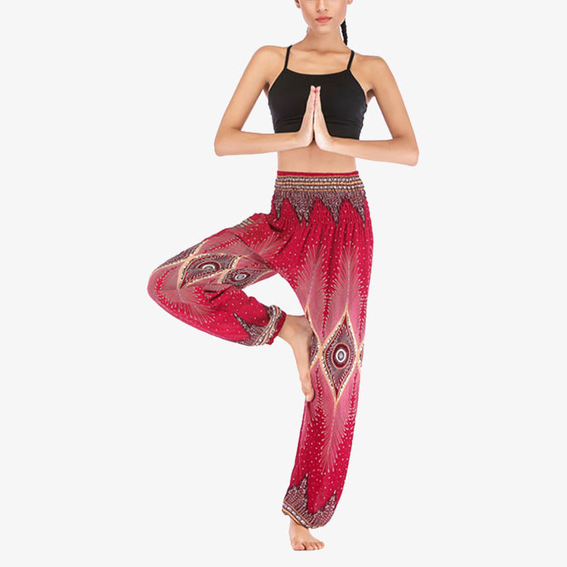 Buddha Stones Small Eye Peacock Feathers Pattern Loose Smocked Harem Trousers High Waist Women's Yoga Pants - image 1