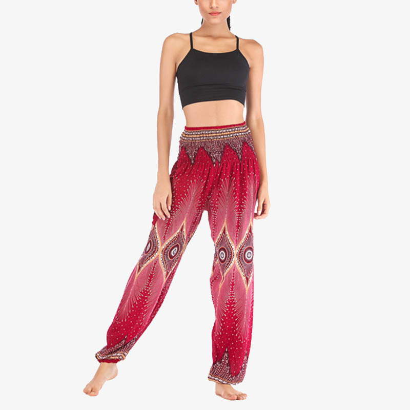 Buddha Stones Small Eye Peacock Feathers Pattern Loose Smocked Harem Trousers High Waist Women's Yoga Pants - image 7