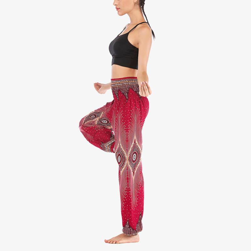 Buddha Stones Small Eye Peacock Feathers Pattern Loose Smocked Harem Trousers High Waist Women's Yoga Pants - image 2