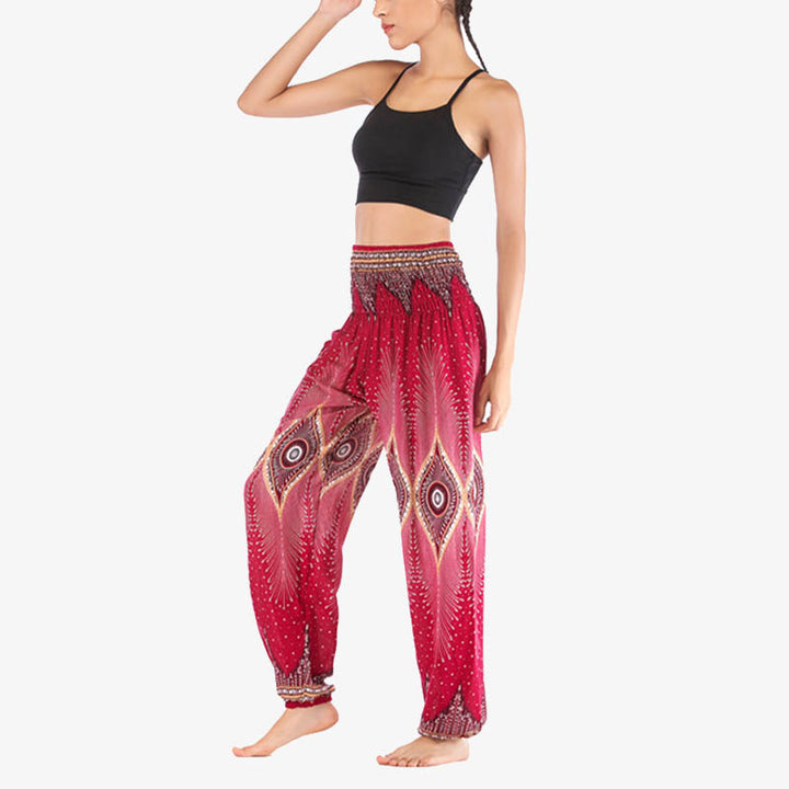 Buddha Stones Small Eye Peacock Feathers Pattern Loose Smocked Harem Trousers High Waist Women's Yoga Pants - image 6