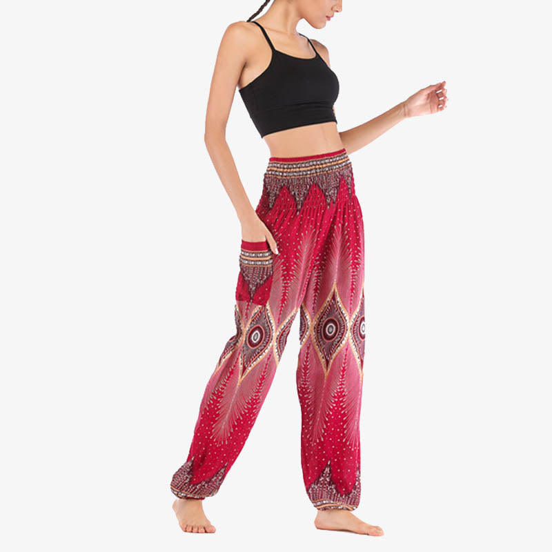 Buddha Stones Small Eye Peacock Feathers Pattern Loose Smocked Harem Trousers High Waist Women's Yoga Pants - image 10