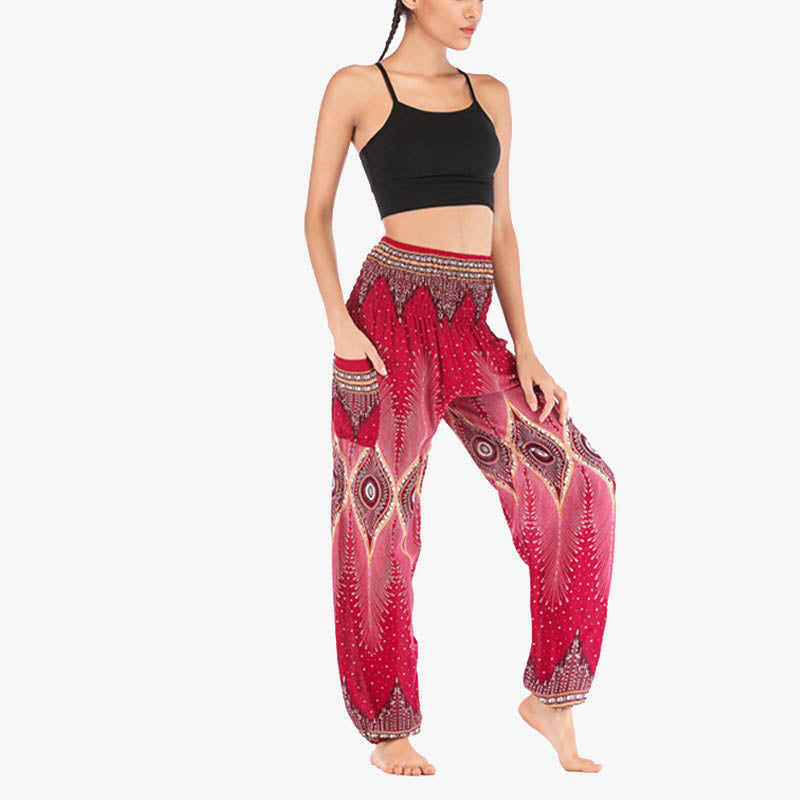 Buddha Stones Small Eye Peacock Feathers Pattern Loose Smocked Harem Trousers High Waist Women's Yoga Pants - image 9