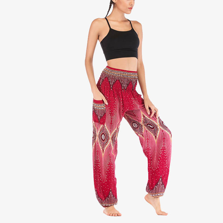 Buddha Stones Small Eye Peacock Feathers Pattern Loose Smocked Harem Trousers High Waist Women's Yoga Pants - image 9