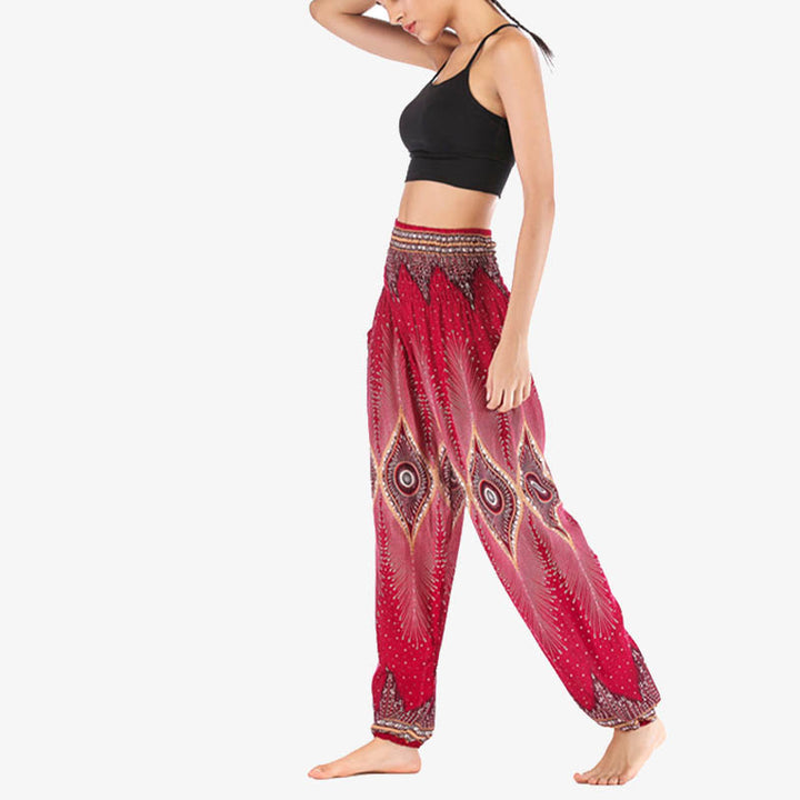 Buddha Stones Small Eye Peacock Feathers Pattern Loose Smocked Harem Trousers High Waist Women's Yoga Pants - image 8