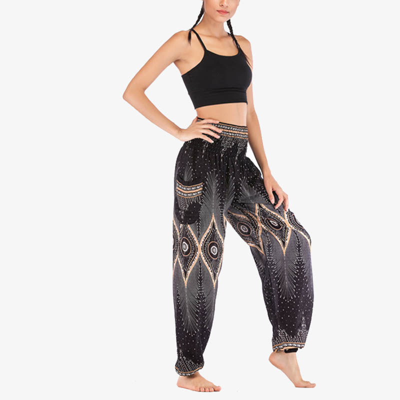 Buddha Stones Small Eye Peacock Feathers Pattern Loose Smocked Harem Trousers High Waist Women's Yoga Pants - image 13