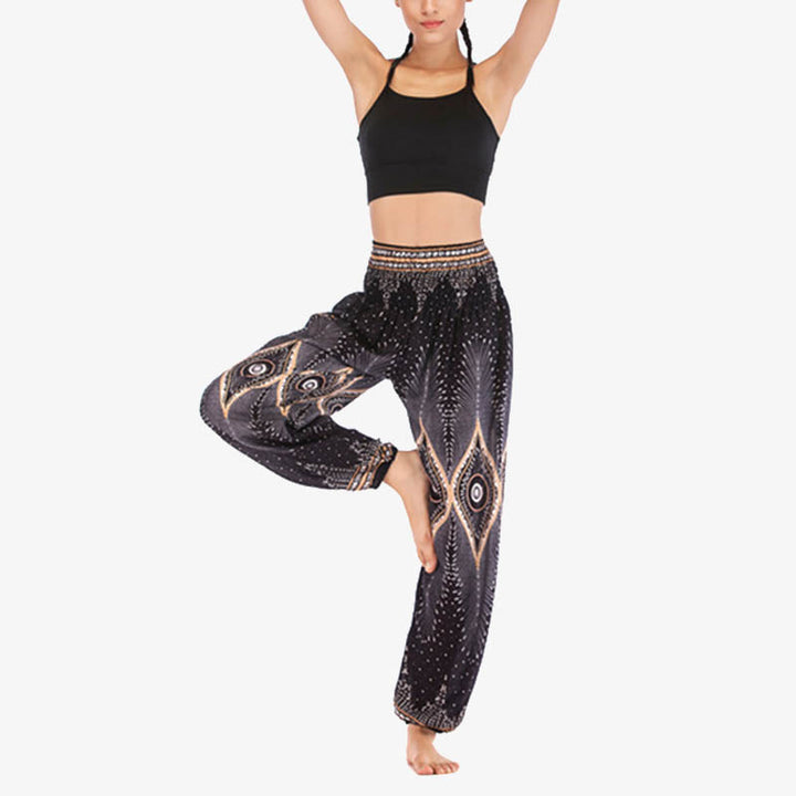 Buddha Stones Small Eye Peacock Feathers Pattern Loose Smocked Harem Trousers High Waist Women's Yoga Pants - image 12