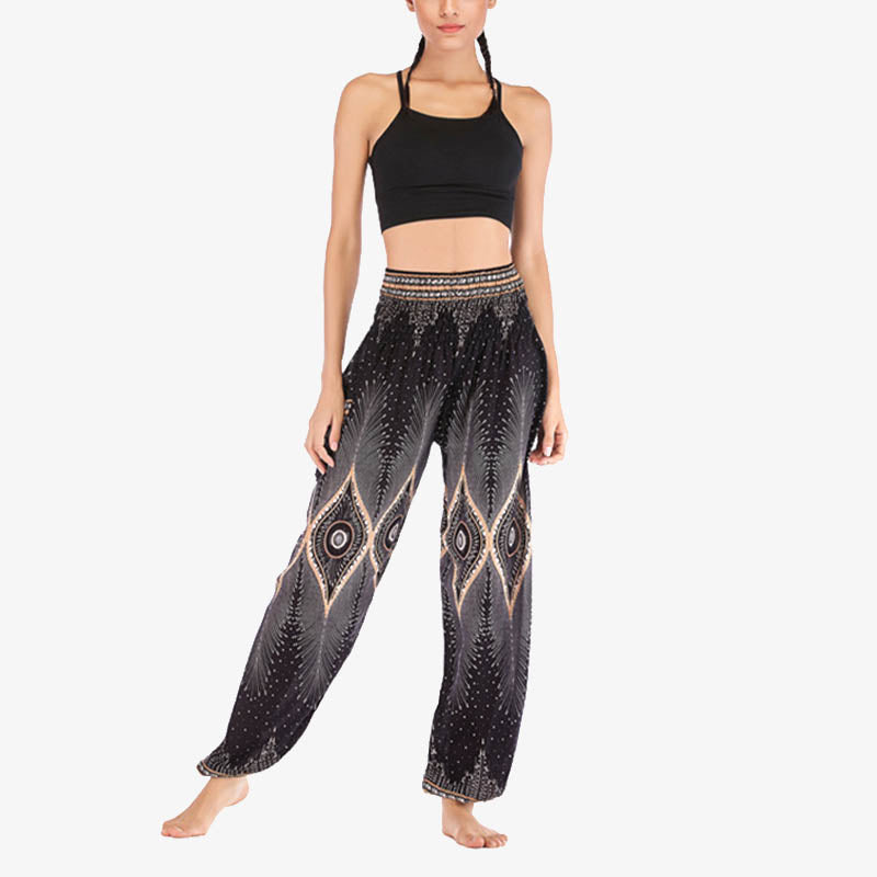 Buddha Stones Small Eye Peacock Feathers Pattern Loose Smocked Harem Trousers High Waist Women's Yoga Pants - image 16