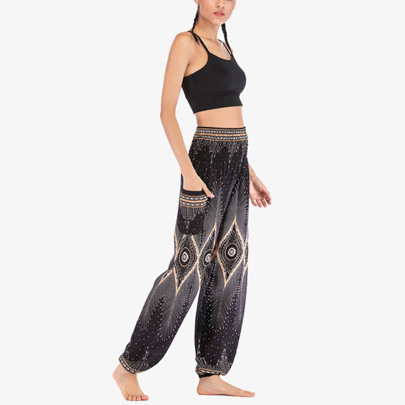 Buddha Stones Small Eye Peacock Feathers Pattern Loose Smocked Harem Trousers High Waist Women's Yoga Pants - image 18