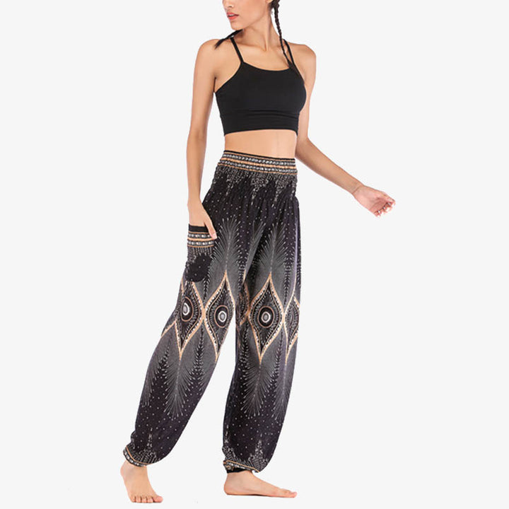 Buddha Stones Small Eye Peacock Feathers Pattern Loose Smocked Harem Trousers High Waist Women's Yoga Pants - image 19
