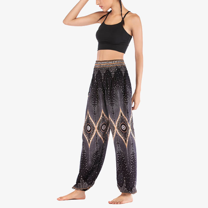 Buddha Stones Small Eye Peacock Feathers Pattern Loose Smocked Harem Trousers High Waist Women's Yoga Pants - image 20