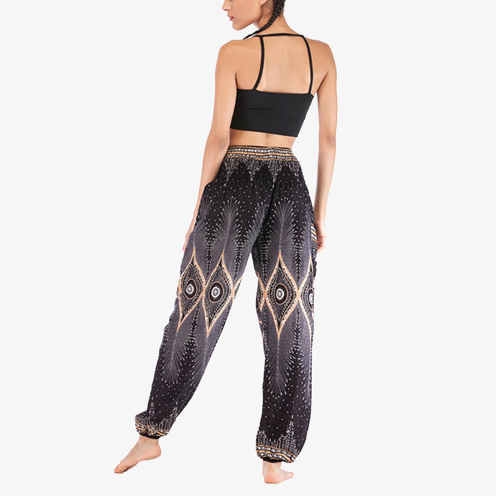 Buddha Stones Small Eye Peacock Feathers Pattern Loose Smocked Harem Trousers High Waist Women's Yoga Pants - image 14