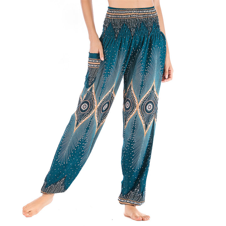 Buddha Stones Small Eye Peacock Feathers Pattern Loose Smocked Harem Trousers High Waist Women's Yoga Pants - Cyan-US2-8/10，UK/AU6-12/14，EU34-40/42 (F) - image 21