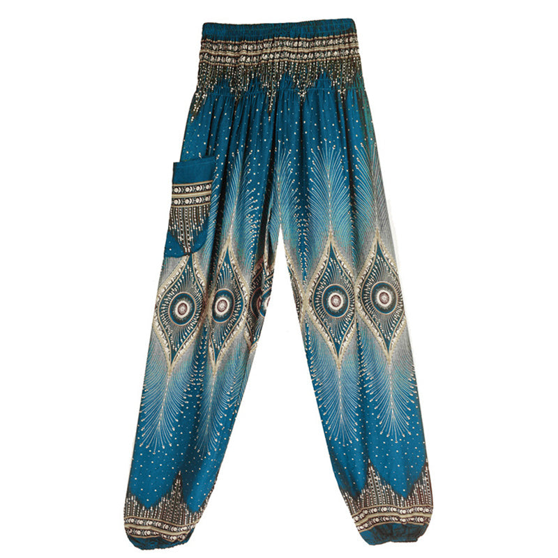 Buddha Stones Small Eye Peacock Feathers Pattern Loose Smocked Harem Trousers High Waist Women's Yoga Pants - image 25