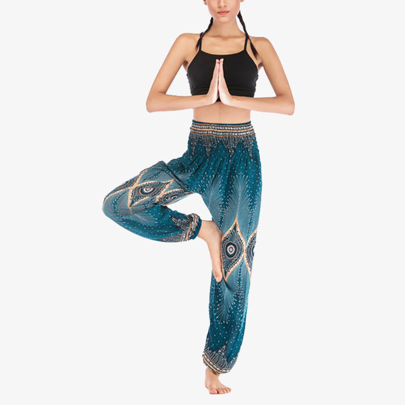 Buddha Stones Small Eye Peacock Feathers Pattern Loose Smocked Harem Trousers High Waist Women's Yoga Pants - image 22