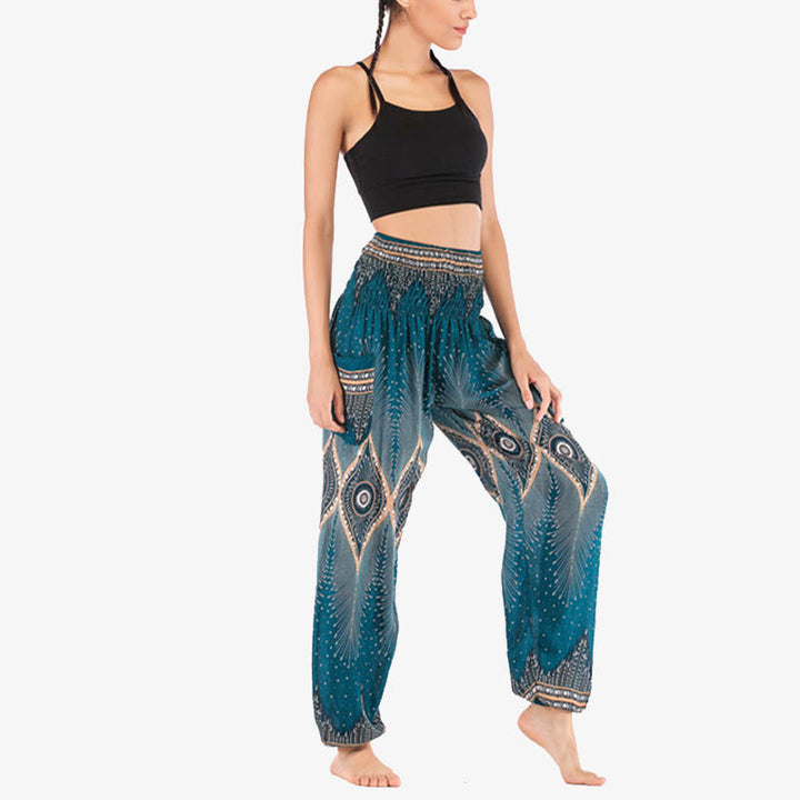 Buddha Stones Small Eye Peacock Feathers Pattern Loose Smocked Harem Trousers High Waist Women's Yoga Pants - image 23