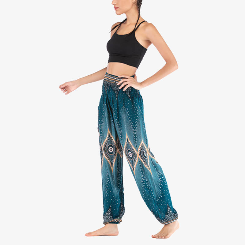 Buddha Stones Small Eye Peacock Feathers Pattern Loose Smocked Harem Trousers High Waist Women's Yoga Pants - image 27