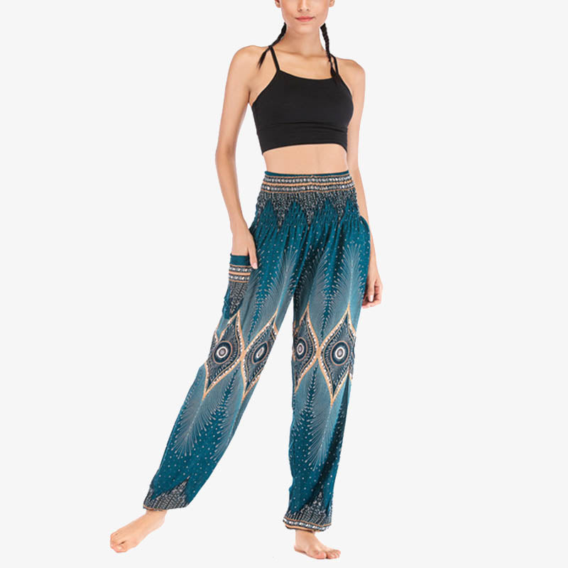 Buddha Stones Small Eye Peacock Feathers Pattern Loose Smocked Harem Trousers High Waist Women's Yoga Pants - image 26