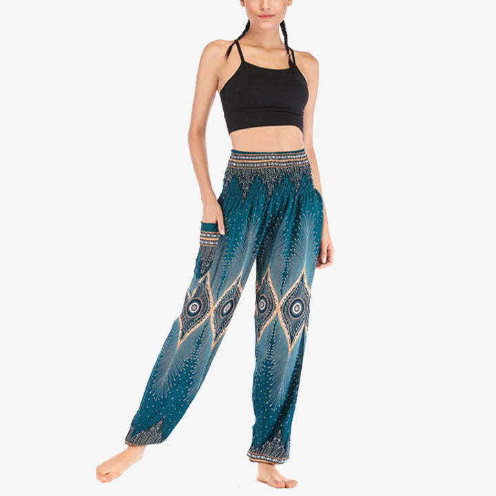 Buddha Stones Small Eye Peacock Feathers Pattern Loose Smocked Harem Trousers High Waist Women's Yoga Pants - image 26