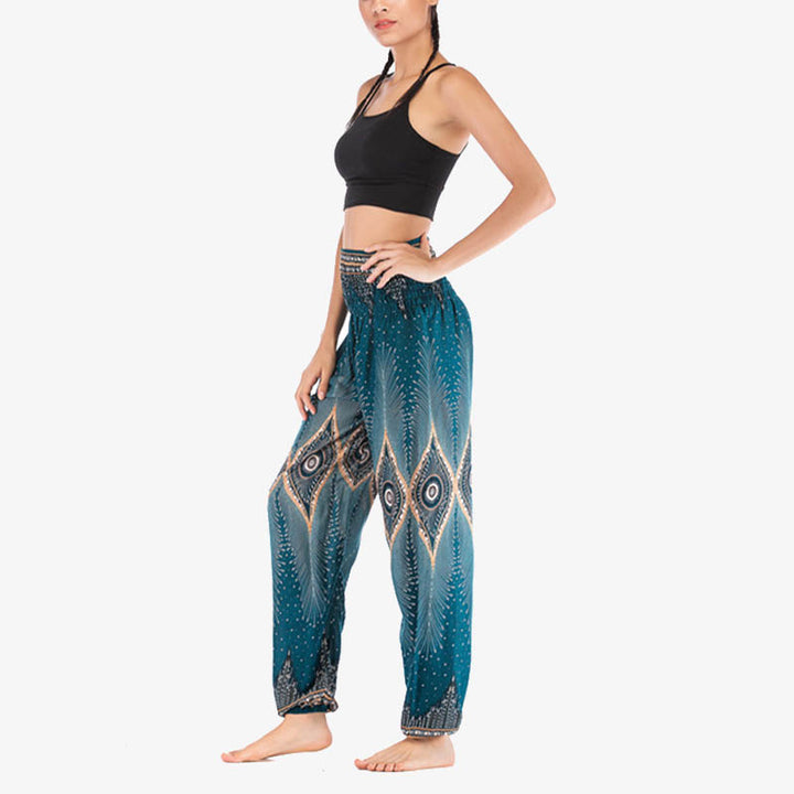 Buddha Stones Small Eye Peacock Feathers Pattern Loose Smocked Harem Trousers High Waist Women's Yoga Pants - image 28