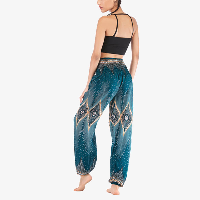 Buddha Stones Small Eye Peacock Feathers Pattern Loose Smocked Harem Trousers High Waist Women's Yoga Pants - image 24