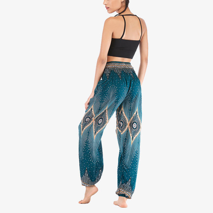 Buddha Stones Small Eye Peacock Feathers Pattern Loose Smocked Harem Trousers High Waist Women's Yoga Pants - image 24