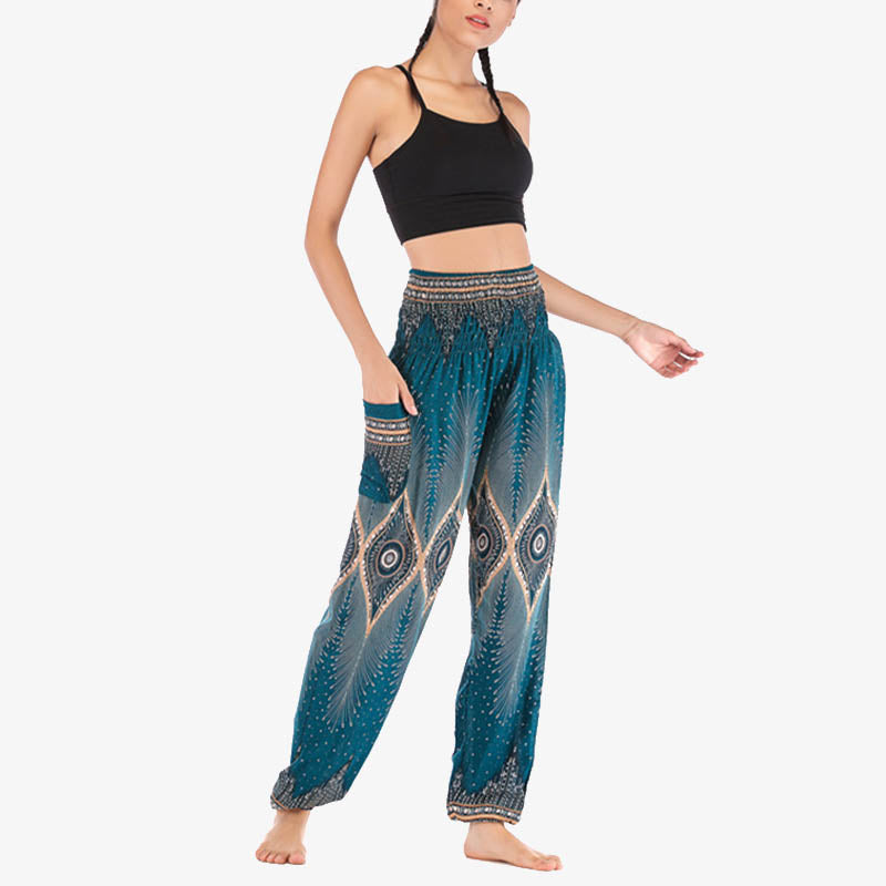 Buddha Stones Small Eye Peacock Feathers Pattern Loose Smocked Harem Trousers High Waist Women's Yoga Pants - image 29