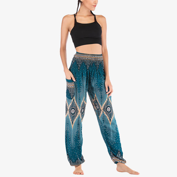 Buddha Stones Small Eye Peacock Feathers Pattern Loose Smocked Harem Trousers High Waist Women's Yoga Pants - image 30