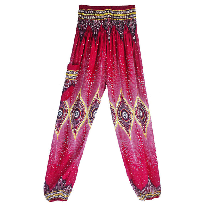 Buddha Stones Small Eye Peacock Feathers Pattern Loose Smocked Harem Trousers High Waist Women's Yoga Pants - image 4