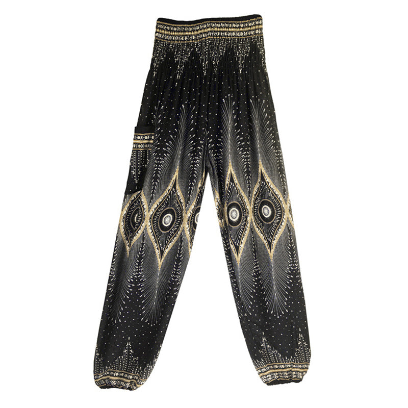 Buddha Stones Small Eye Peacock Feathers Pattern Loose Smocked Harem Trousers High Waist Women's Yoga Pants - image 15