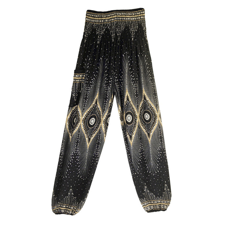 Buddha Stones Small Eye Peacock Feathers Pattern Loose Smocked Harem Trousers High Waist Women's Yoga Pants - image 15