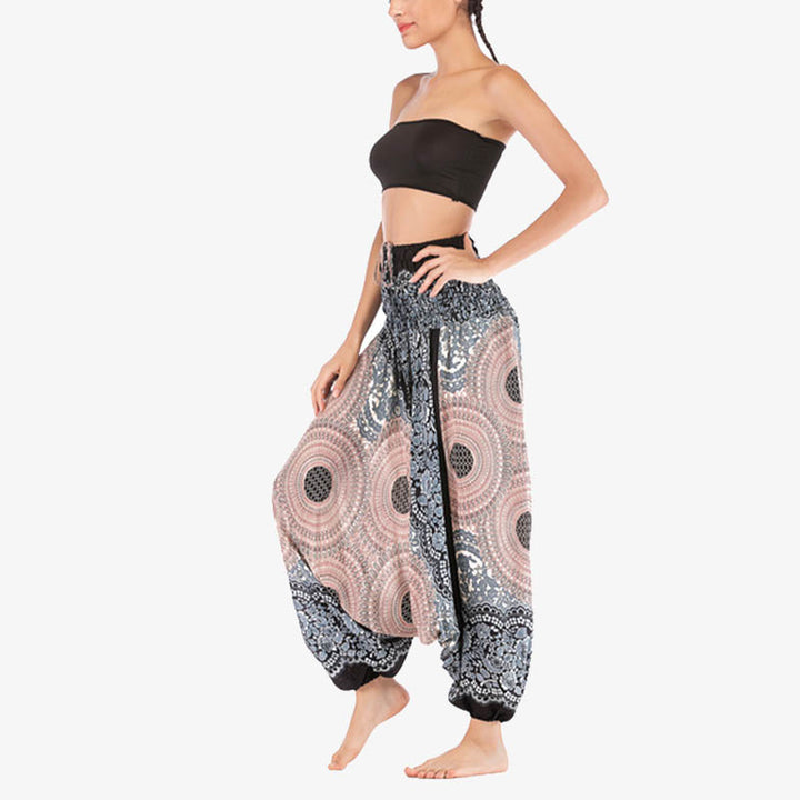 Buddha Stones Two Style Wear Round Geometric Pattern Loose Smocked Harem Trousers Jumpsuit High Waist Women's Yoga Pants - image 32