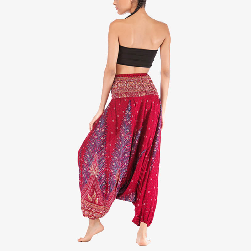 Buddha Stones Two Style Wear Feathers Geometric Pattern Loose Smocked Trousers Jumpsuit Women's Yoga Pants - image 5