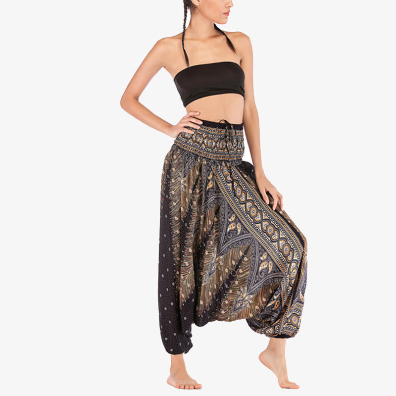 Buddha Stones Two Style Wear Feathers Geometric Pattern Loose Smocked Trousers Jumpsuit Women's Yoga Pants - image 20