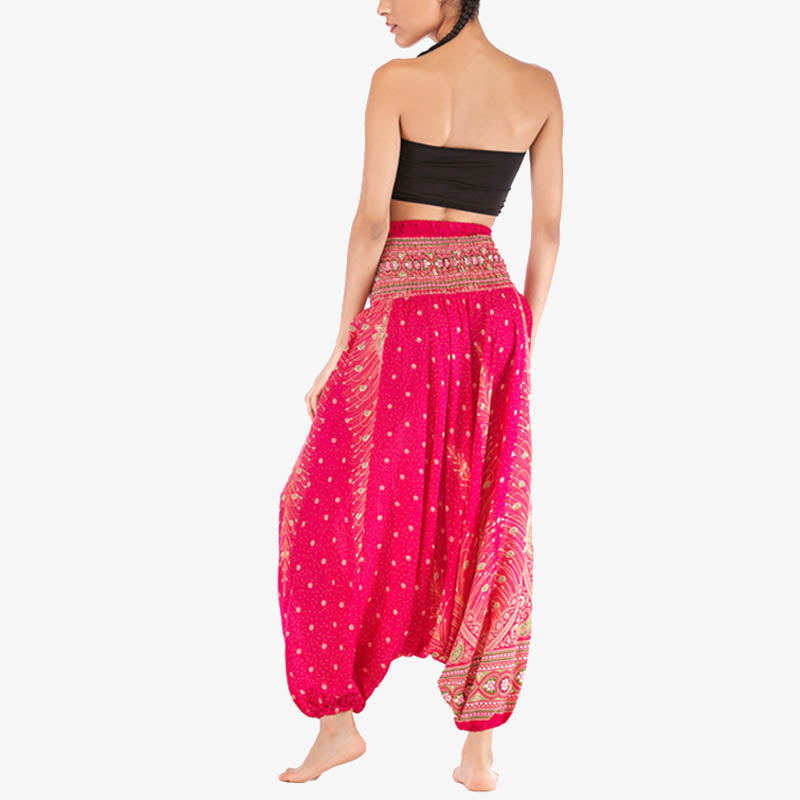 Buddha Stones Two Style Wear Feathers Geometric Pattern Loose Smocked Trousers Jumpsuit Women's Yoga Pants - image 14