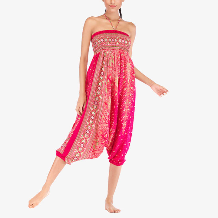 Buddha Stones Two Style Wear Feathers Geometric Pattern Loose Smocked Trousers Jumpsuit Women's Yoga Pants - image 17