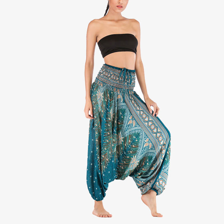 Buddha Stones Two Style Wear Feathers Geometric Pattern Loose Smocked Trousers Jumpsuit Women's Yoga Pants - image 28