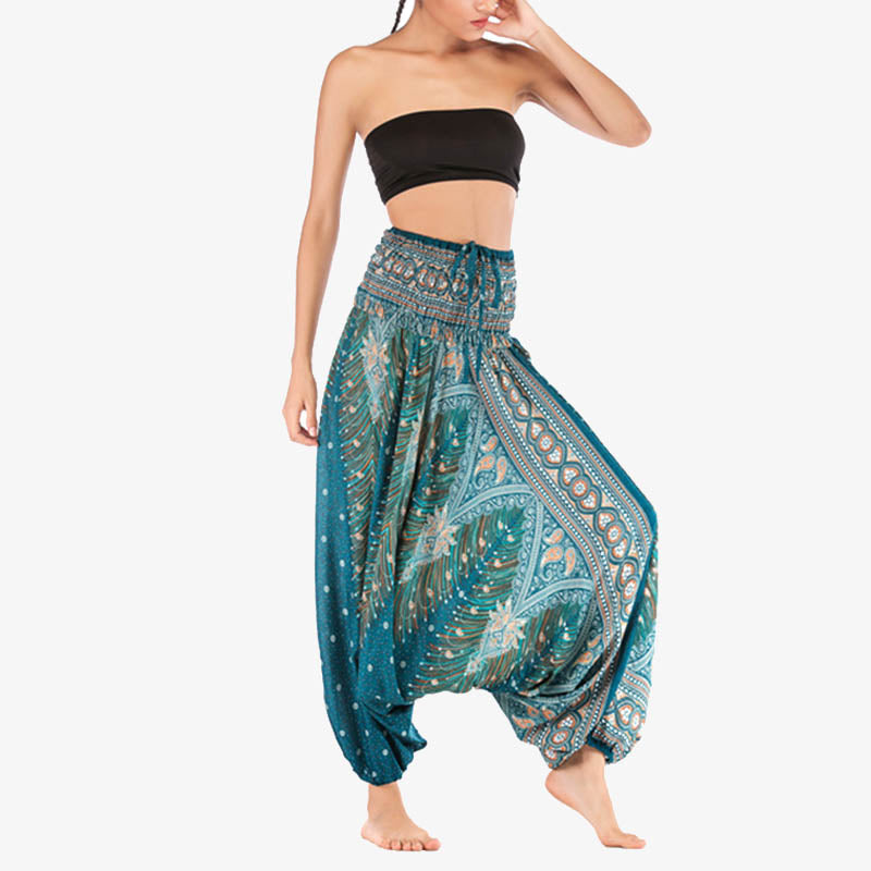 Buddha Stones Two Style Wear Feathers Geometric Pattern Loose Smocked Trousers Jumpsuit Women's Yoga Pants - image 29