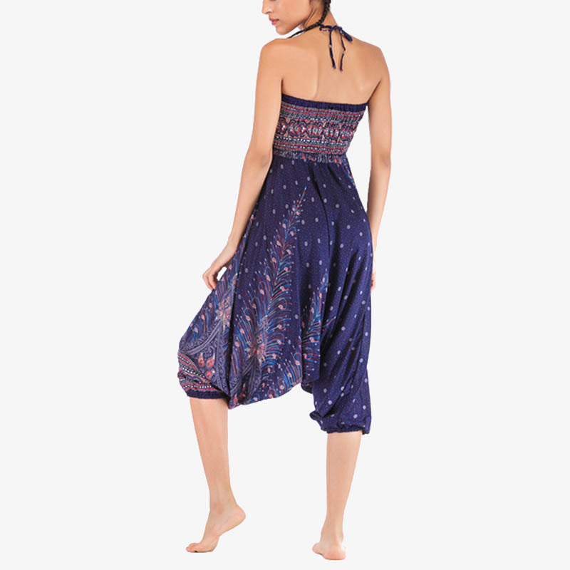 Buddha Stones Two Style Wear Feathers Geometric Pattern Loose Smocked Trousers Jumpsuit Women's Yoga Pants - image 43