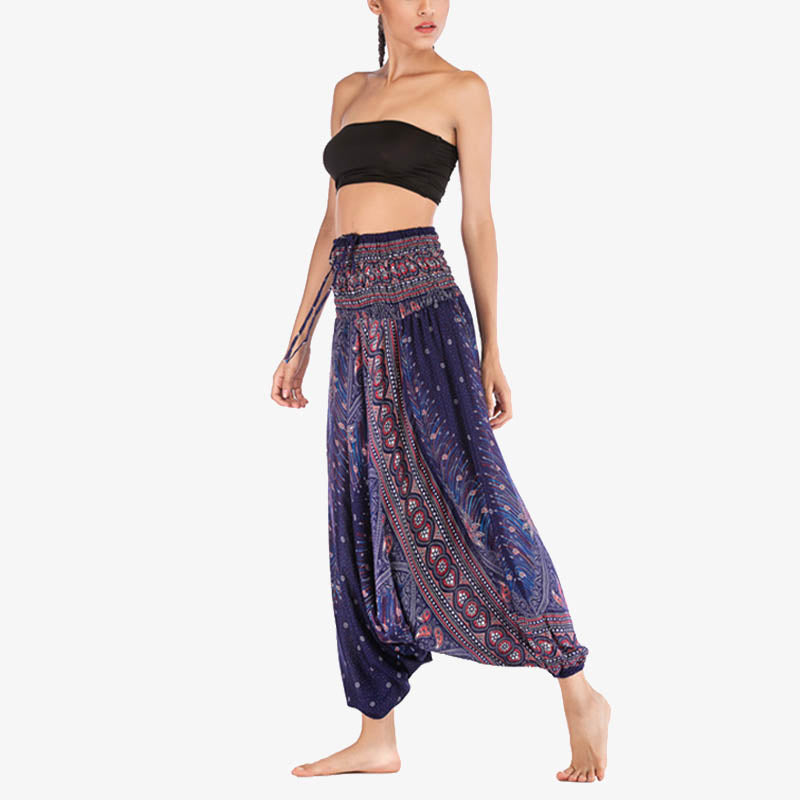 Buddha Stones Two Style Wear Feathers Geometric Pattern Loose Smocked Trousers Jumpsuit Women's Yoga Pants - image 41