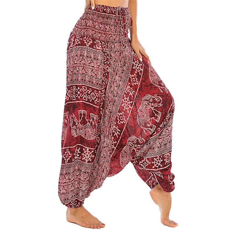 Buddha Stones Two Style Wear Elephant Pattern Loose Smocked Harem Trousers Jumpsuit Women's Yoga Pants - Red Elephant - US2-12，UK/AU6-16，EU34-44 (F) - image 0