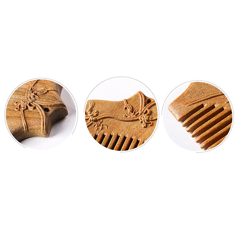Buddha Stones Green Sandalwood Flower Pattern Engraved Soothing Comb - image 14