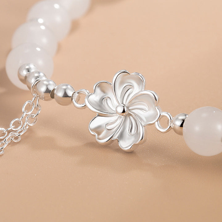 Buddha Stones White Jade Peach Blossom Petals Flower Luck Bracelet - image 3
