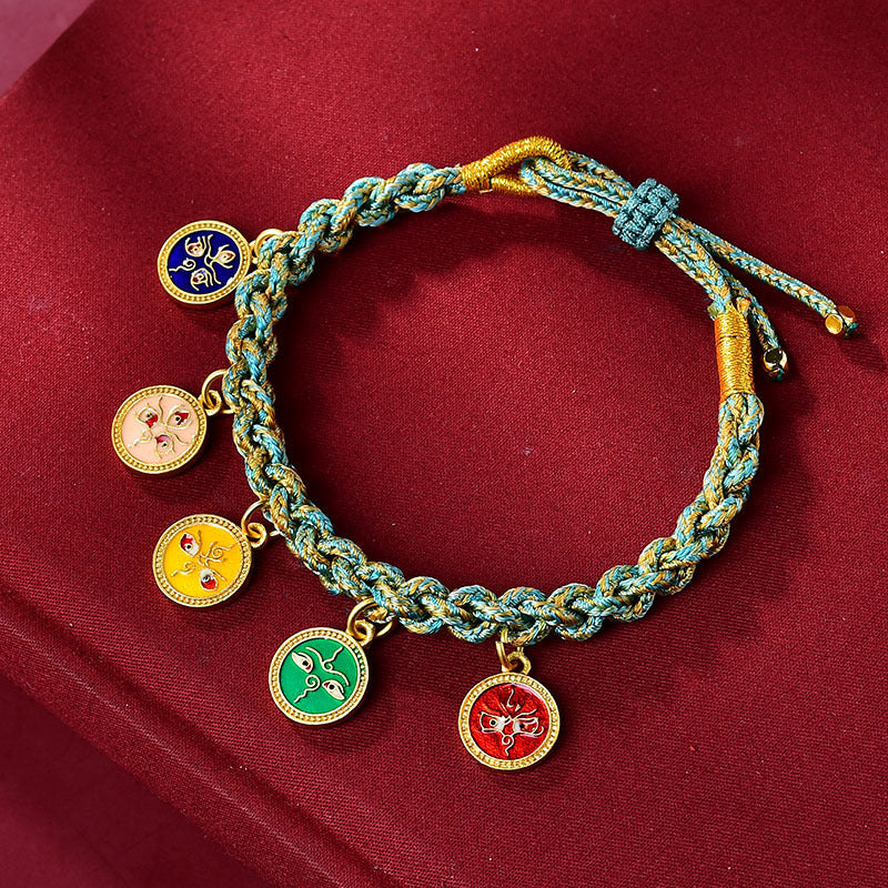 Buddha Stones Handmade Tibetan Multicolored Rope Five God Of Wealth Luck Braid Bracelet - Cyan(Wrist Circumference 14-19cm) - image 3