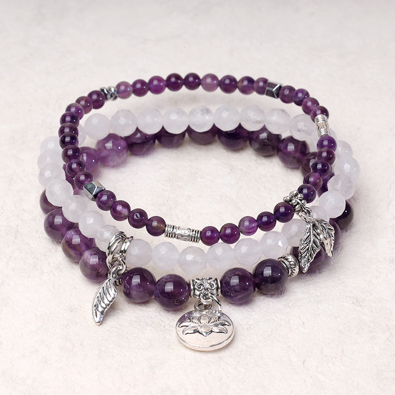 Buddha Stones 3PCS Natural Quartz Crystal Beaded Healing Energy Lotus Bracelet - image 1
