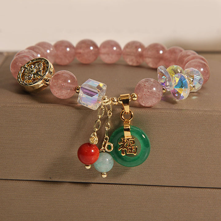 Buddha Stones Strawberry Quartz Jade Fu Character Charm Healing Bracelet - image 3