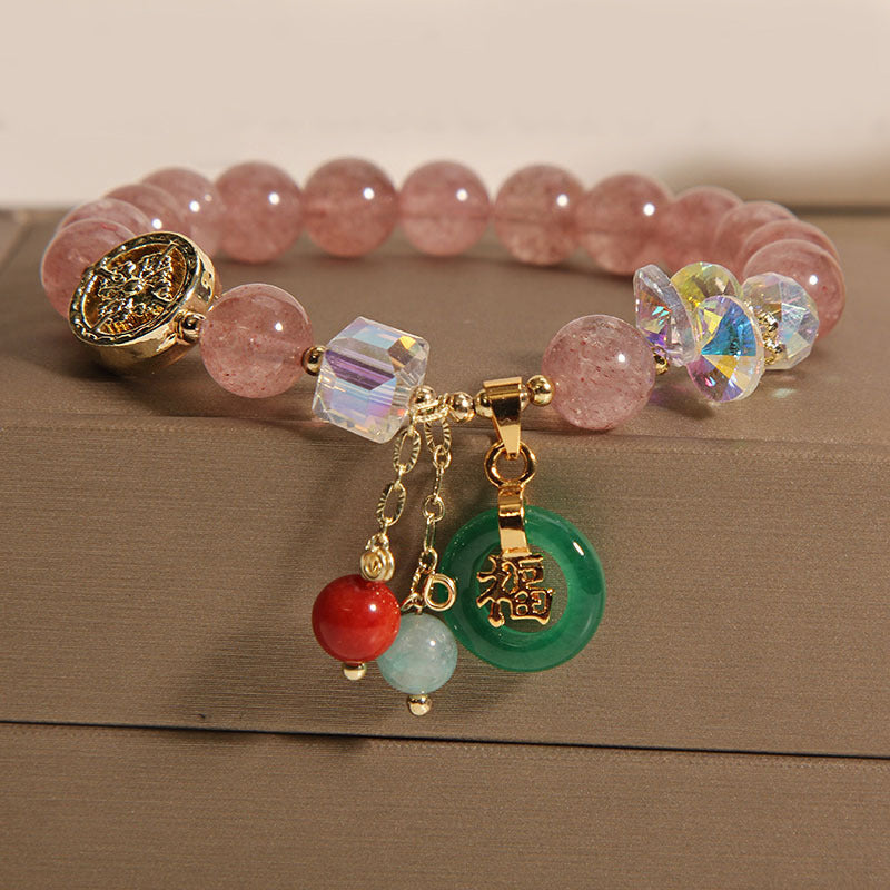 Buddha Stones Strawberry Quartz Jade Fu Character Charm Healing Bracelet - Strawberry Quartz(Wrist Circumference 14-16cm) - image 0