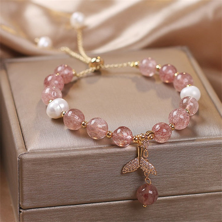 Buddha Stones Strawberry Quartz Rutilated Quartz Fishtail Charm Healing Bracelet - Strawberry Quartz(Wrist Circumference 14-19cm) - image 0