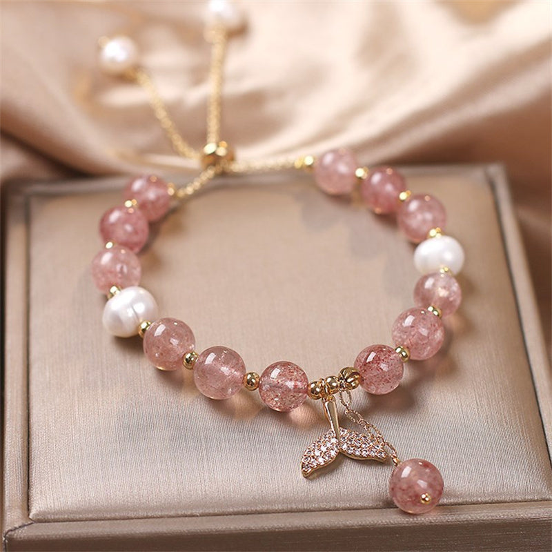 Buddha Stones Strawberry Quartz Rutilated Quartz Fishtail Charm Healing Bracelet - image 1